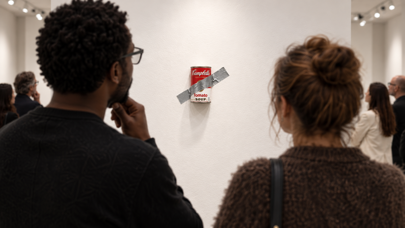 Visitors observe the taped soup can from across the gallery