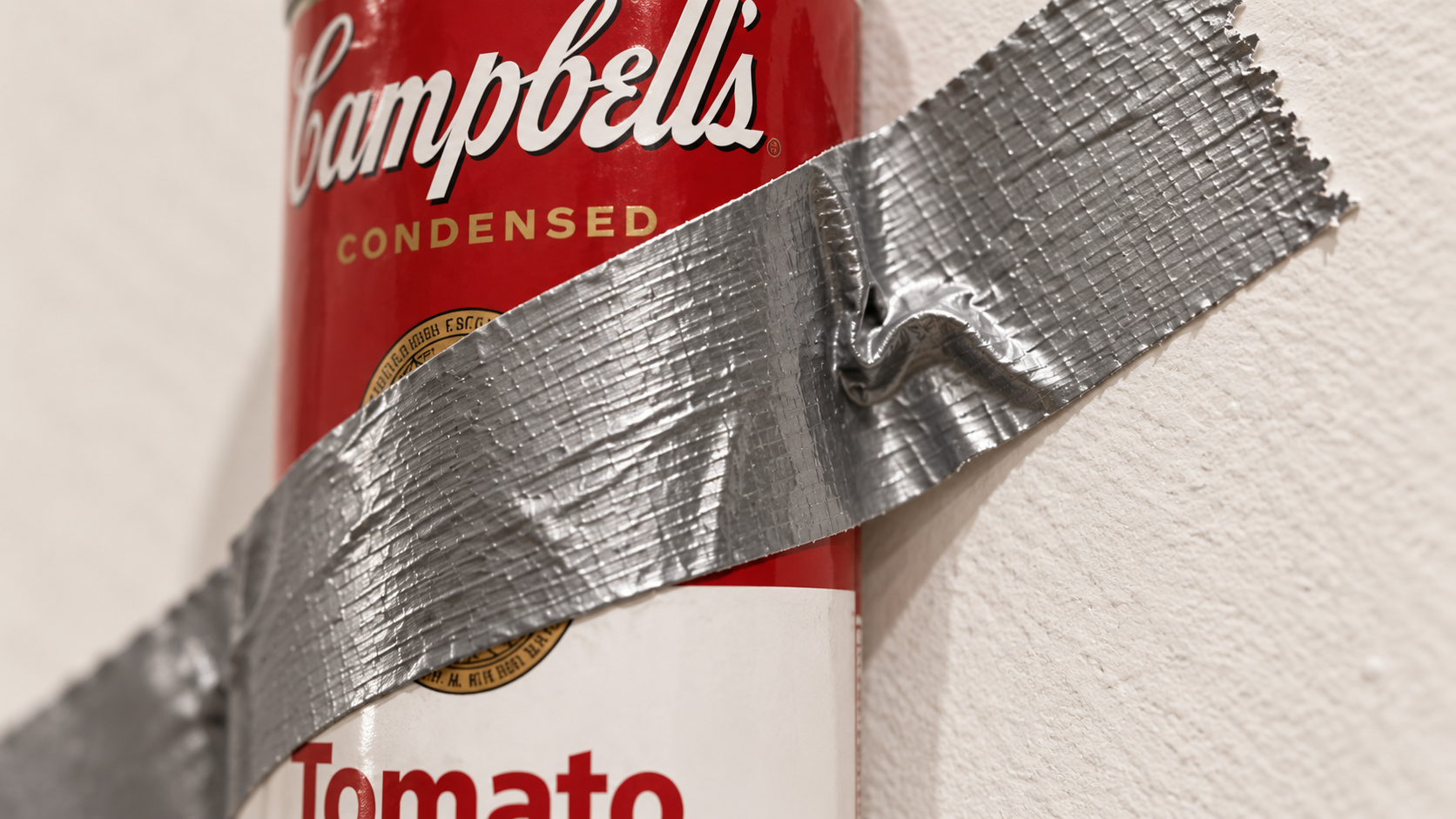 Close detail of silver duct tape against a gallery wall